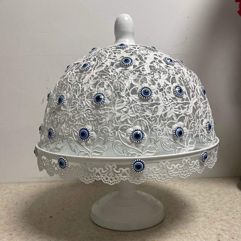 Beautiful white cake server with metal tray crafted with evil eye.